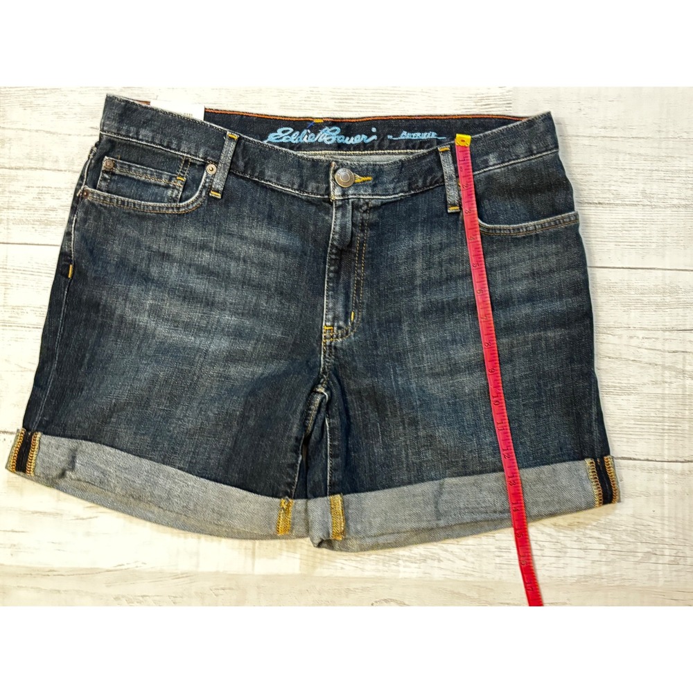 NWT Eddie Bauer Boyfriend Denim Shorts Womens 10 Dark Wash Cuffed Mid Rise - Picture 10 of 11